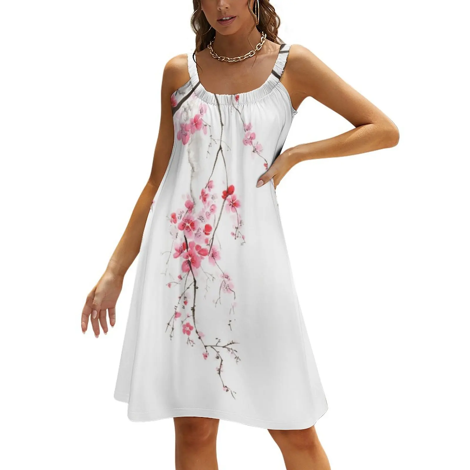 

Zen sumi-e painting of a cherry blossom branch with light pink flowers on white art print Beach Sling Skirt luxury dresses