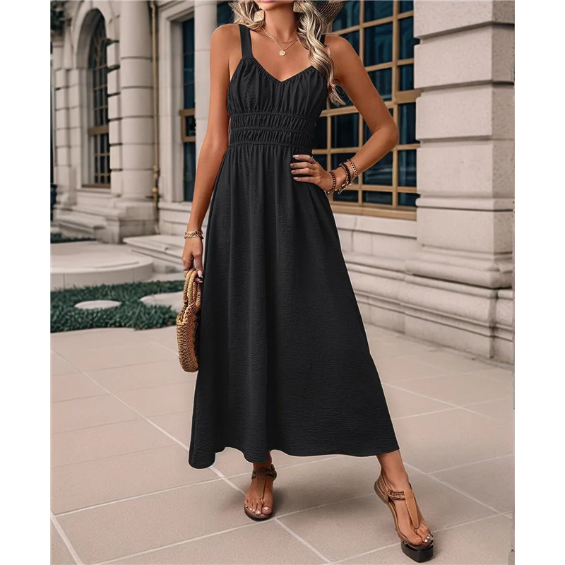 【Decorazione per feste】 Abiti lunghi smock da donna 2025 Abito estivo da spiaggia estivo Abito casual con cinturino per spaghetti Swing A Line Abito lungo fluido