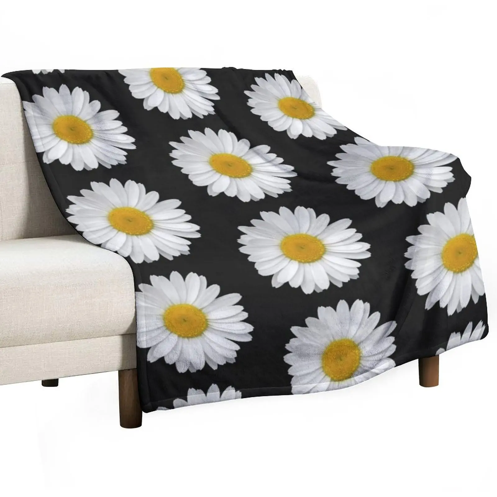 

Modern Simple Elegant White Daisy Flowers on Black Throw Blanket Quilt Sofa christmas gifts Luxury Designer Blankets