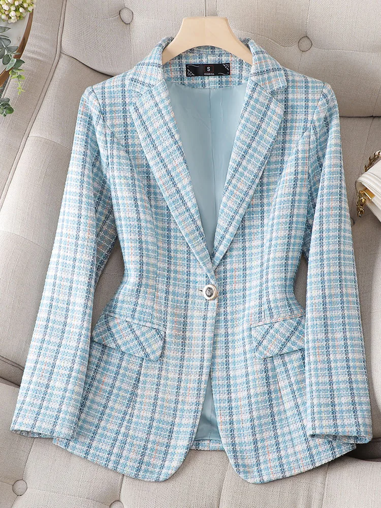 New Arrival Office Ladies Blazer Formal Jacket Women Long Sleeve Blue Apricot Plaid Female Business Work Wear Slim Coat