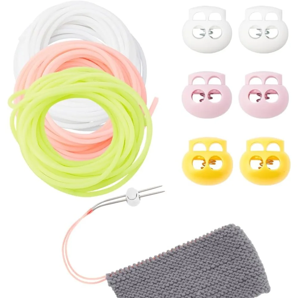 6 Pcs Stitch Stopper Set 3 Colors Oval 2-Hole Plastic Cord Locks with 3 Bags Round Synthetic Rubber Cord Crochet Supplies