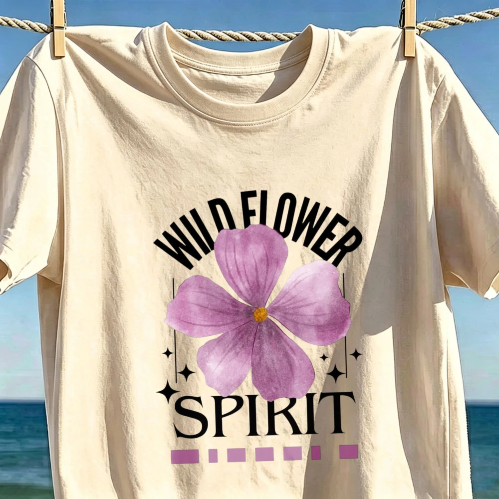 Wild Flower Spirit Graphic Tee Purple Minimalist Floral Art Nature Botanical Women Fashion Tops Summer Casual Outdoor Clothing
