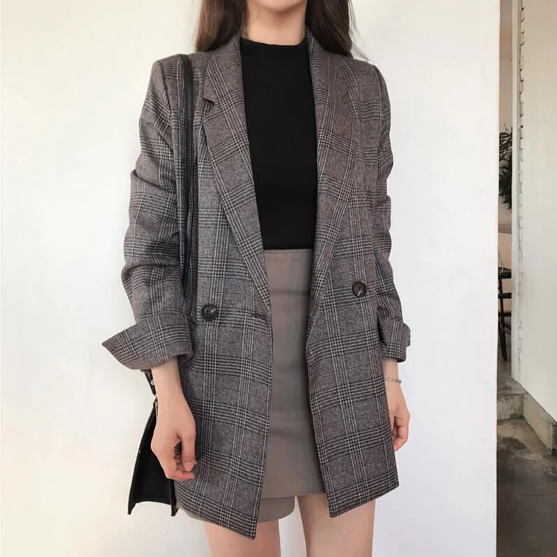 Blazer a quadri invernali da donna cappotti moda coreana elegante giacca spessa solida femminile doppio petto da donna cappotto lungo da ufficio