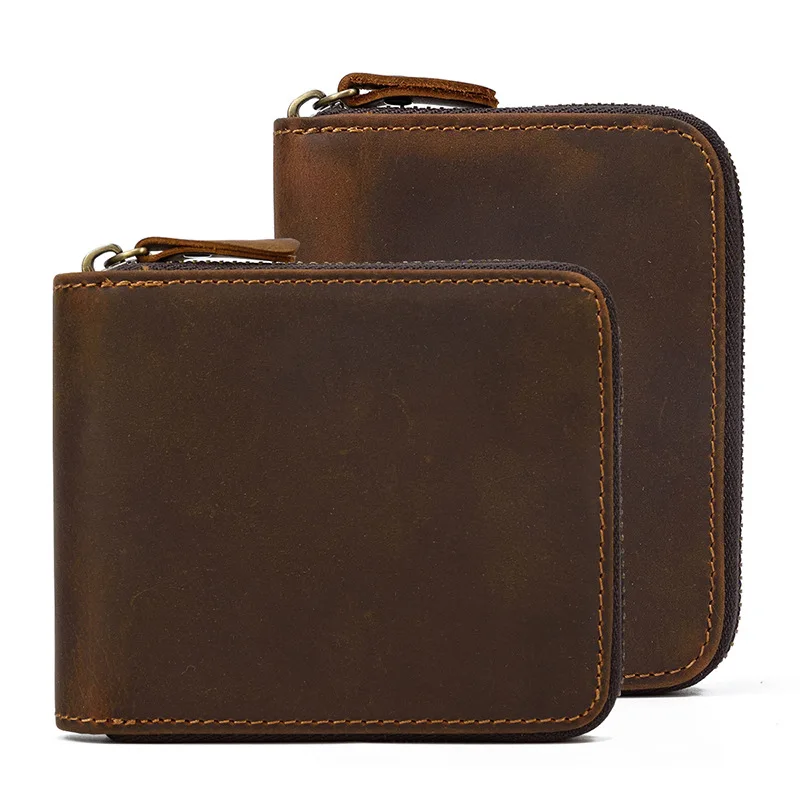 

Мужской кожаный кошелек Crazy Horse, кожаный кошелек на молнии, короткий винтажный кошелек с несколькими зажимами, сумка для монет