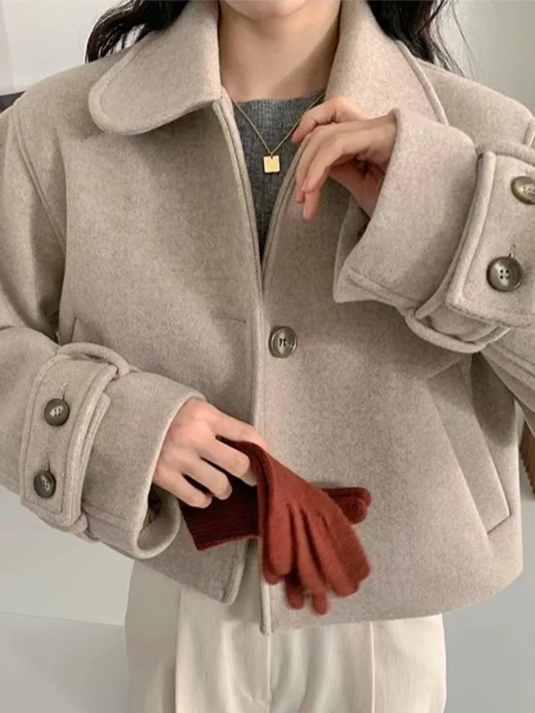 Abrigo elegante de terciopelo de seda con botones y cuello de muñeca para mujer, ropa de abrigo versátil de aspecto juvenil de talla pequeña, otoño e invierno