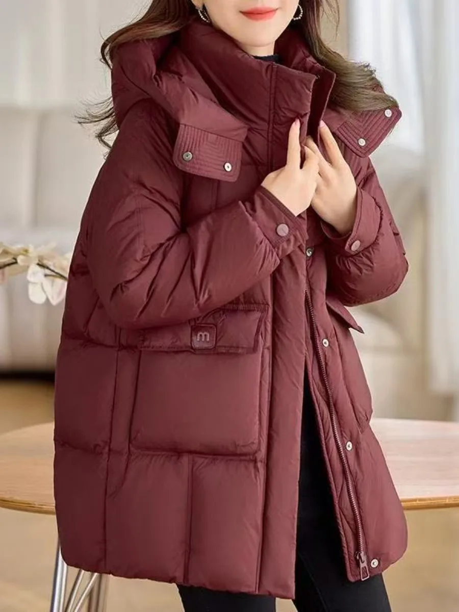

Thickened Cotton Jacket Women's Mid-Length Winter New Style Korean Loose Hooded Large Size Cotton Coat Young Mom Warmth Clothing