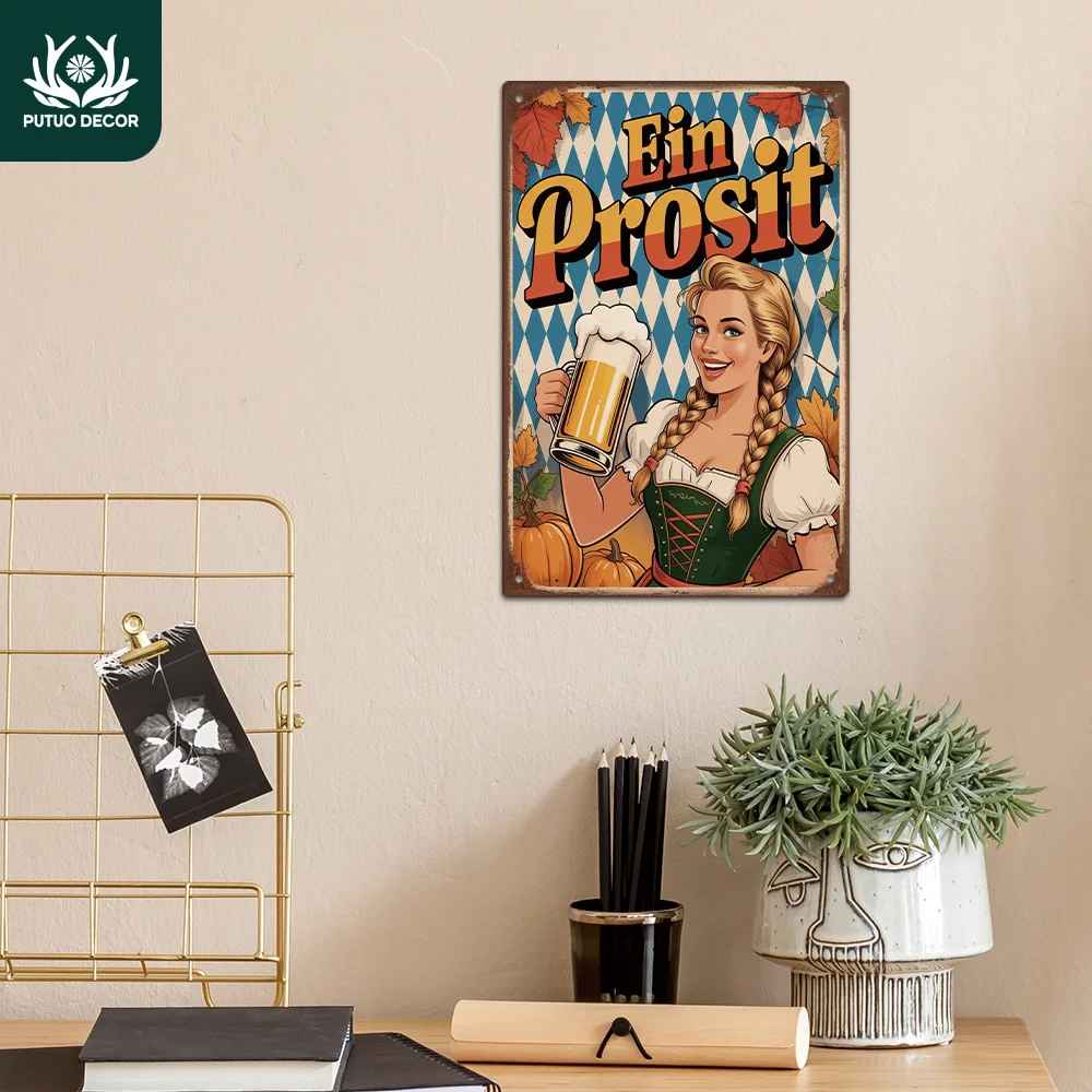 Putuo Decor 1pc German Vintage Metal Tin Sign, Ein Prosit, Wall Art Decor for Home Oktoberfest Party, Gift