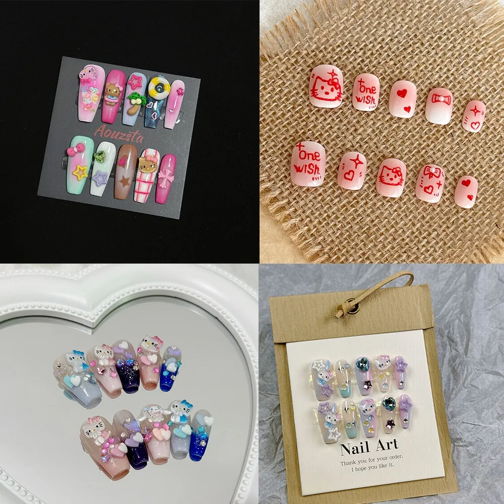 

Kawaii Cute Sanrio Hello Kitty Handwork Press-on Nails Sweet Love Detachable Press-on Nail Schoolgirl Accessory Festivals Gift