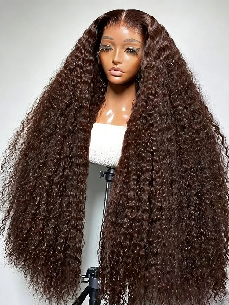 36 38 Inch Chocolate Brown Curls Deep Wave Human Hair Wig 13x4 HD Transparent Lace Frontal Wigs 13x6 Brazilian Lace Frontal Human Hair Wig Preplucked For Women Natural Hairline 250% Density