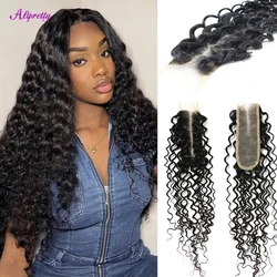 Alipretty-Kinky Curly Cabelo Humano para Mulheres, HD Lace Encerramento, Apenas Médio, Separação Profunda, Transparente, 2x6, 2x6, 2x6