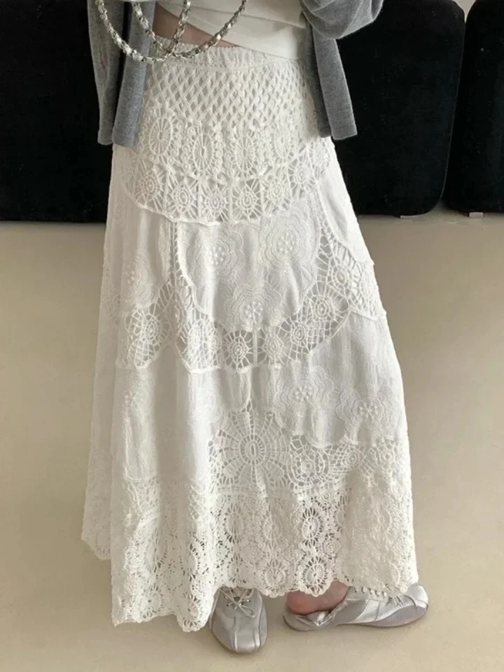 Bohemian Holiday Hook Flower Lace Skirt Women 2025 New Summer Fashion Long Skirts