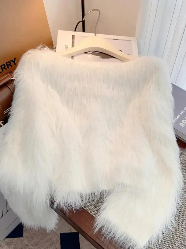 

Korean Women Solid Round Neck Long Sleeved Pullover Mohair Sweater Autumn Winter Elegant Festival Versatile Knitted Short Tops