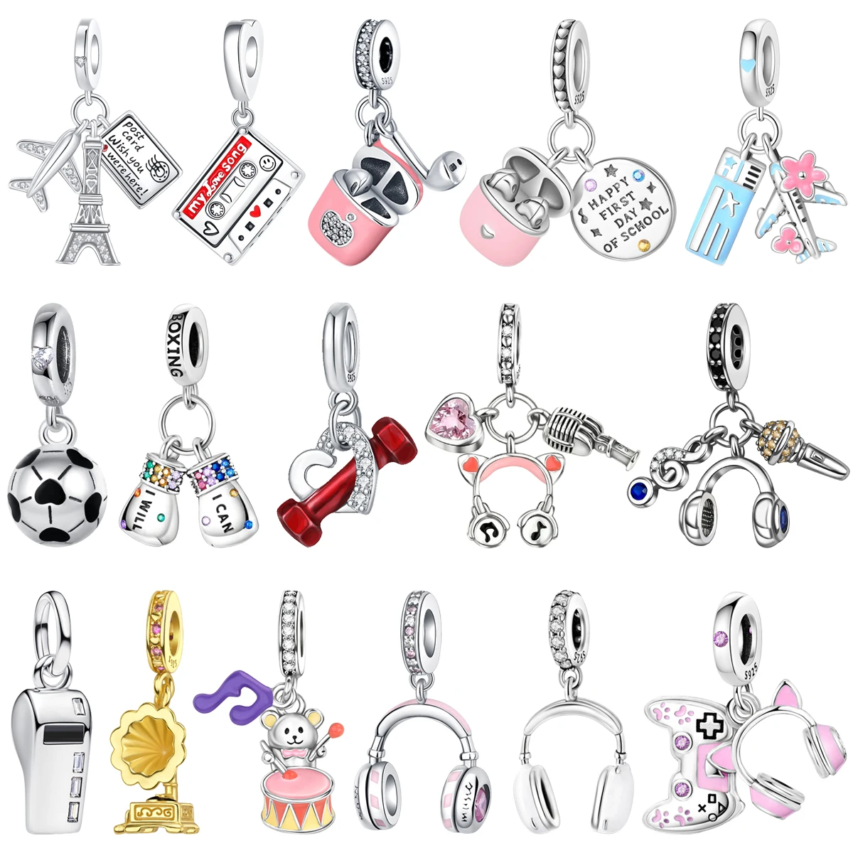 Original 925 Sterling Silver Charms Music Headphones Drum Whistle Football Bead pendant Bracelet Necklace Women DIY Jewelry Gift