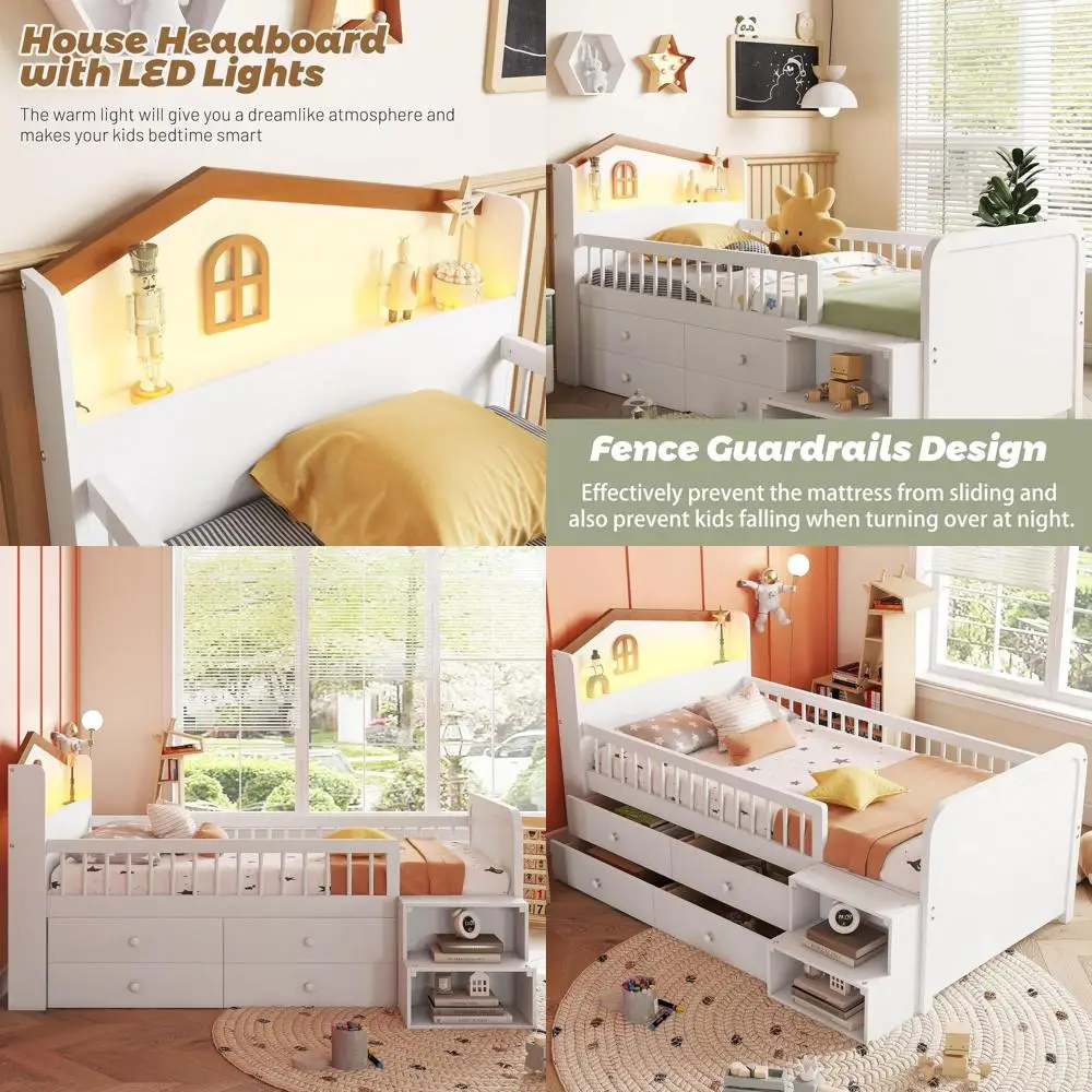 

Двухъярусная кровать-лестница Twin Size с местом для хранения, LED-подсветкой и изголовьем в форме домика для детей (белая)