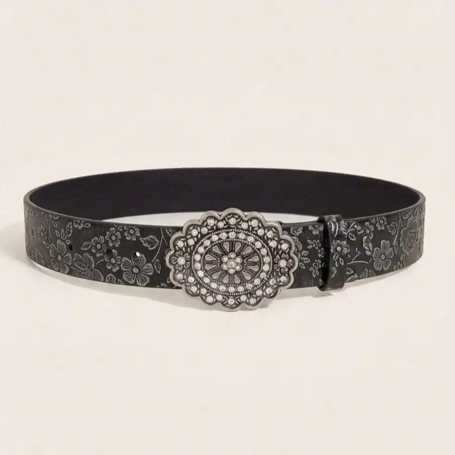 1pc women's Bohemian-style black floral embossed belt, vintage versatile denim-style belt, suitable for casual occasions