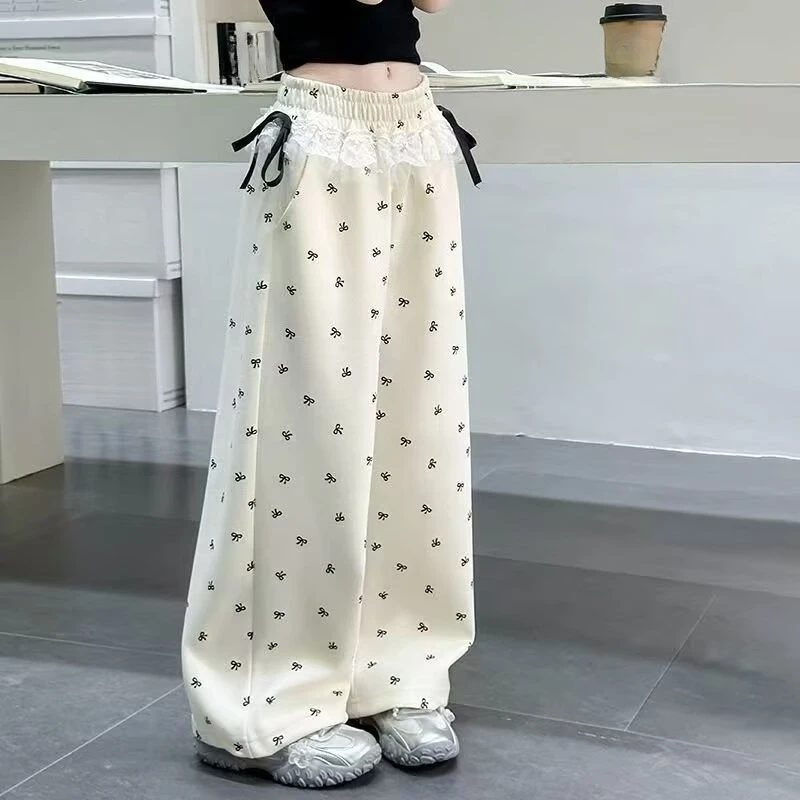 

2026 Girls‘ Bow Knit Wide Leg Pants for Spring, Casual Loose Trousers for Big Kids, Soft Breathable Everyday Bottoms New Arrival