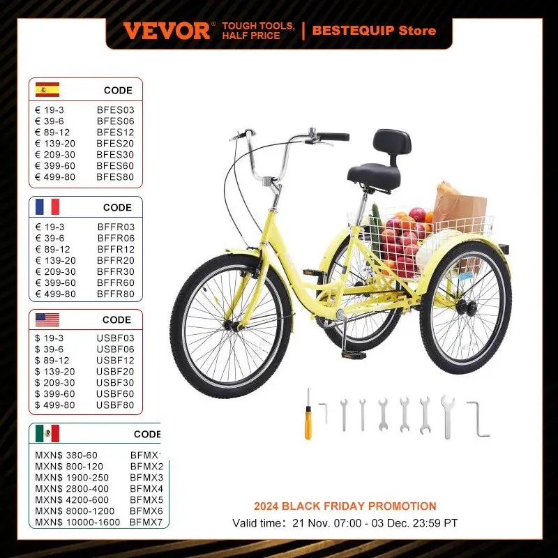 VEVOR 20/24/26Inch Adult Tricycles Bike Carbon Steel With Basket 1 Speed Adjustable Seat Picnic Shopping For Seniors Women Men