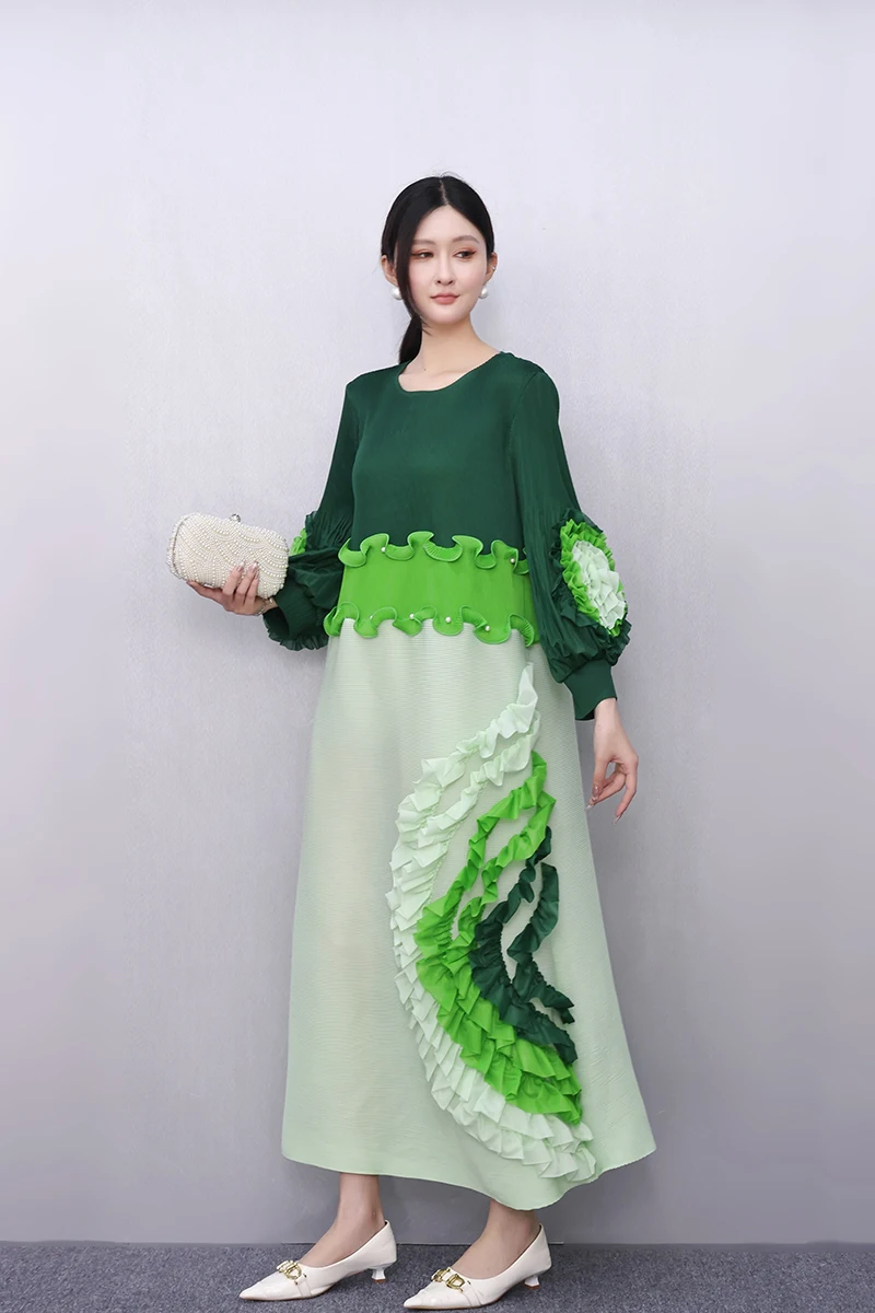 

2025 Spring Summer Fashion Elegant Elasticity Lotus Leaf Edge Loose Long Dresses Women Long Sleeve Dress Ladies Wholesale J1084