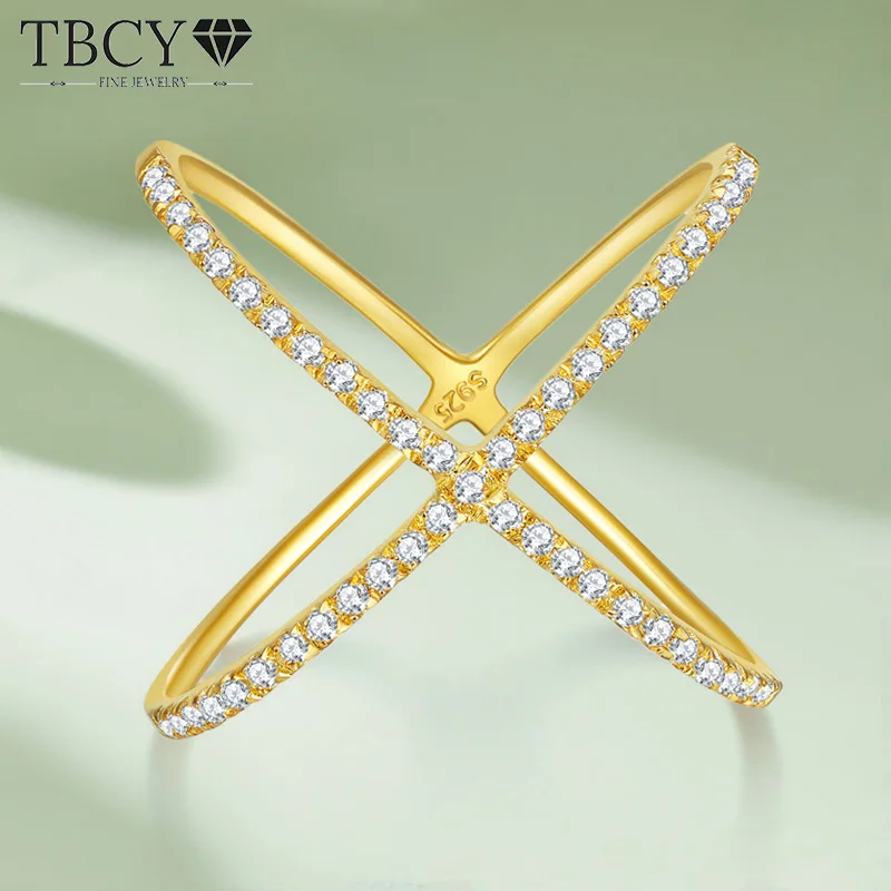 TBCYD 0.25CT D Color Cross X-shaped Moissanite Row Rings For Women S925 Silver Plated 18k Gold Diamond Wedding Band Fine Jewelry