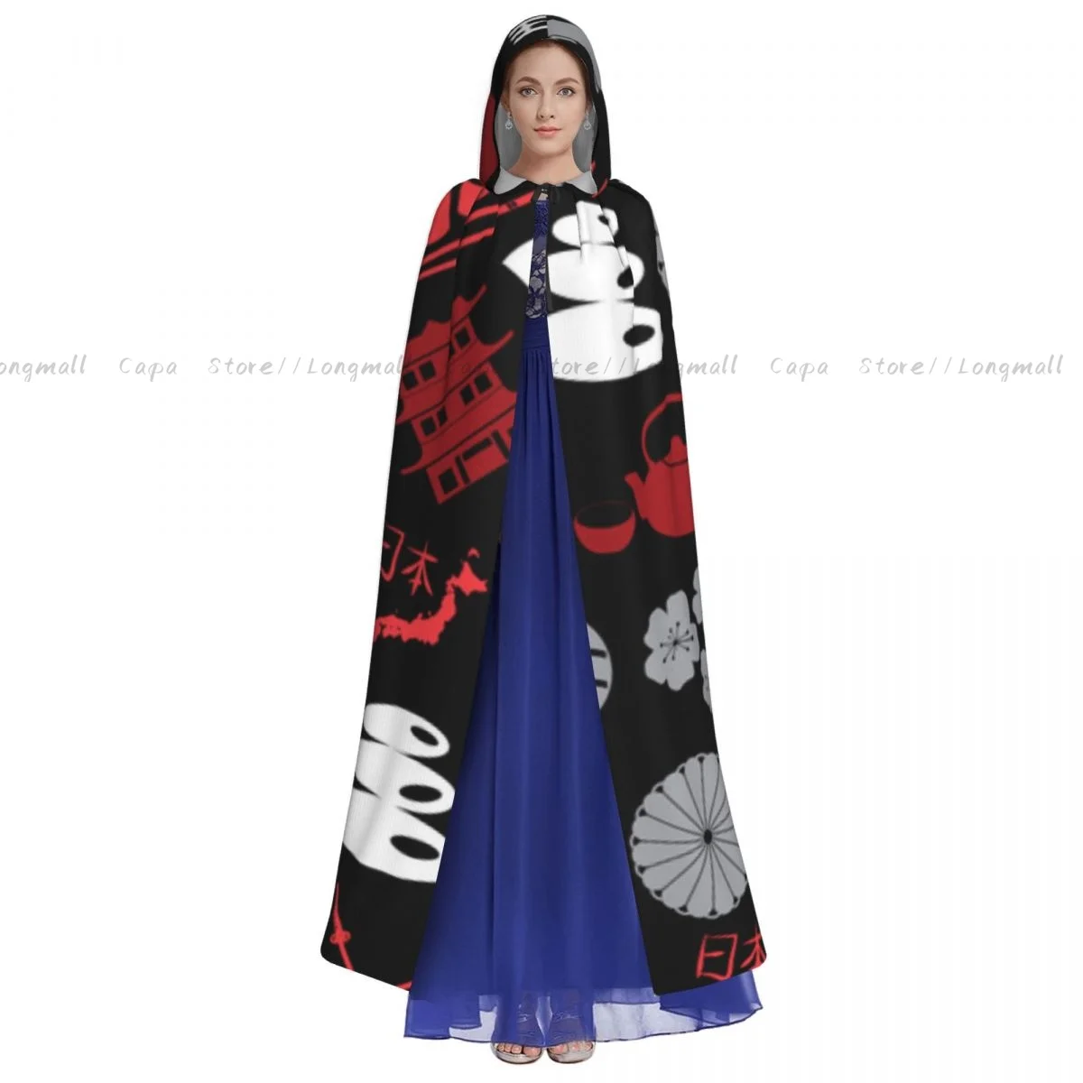 Japanese Color Icons Pattern Hooded Cloak Coat Halloween Cosplay Costume Vampire Devil Wizard Cape Gown Party