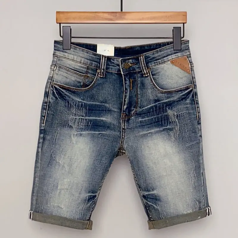 

2022 summer tide brand denim shorts men's five-point pants retro worn hole European station trend slim stretch shorts