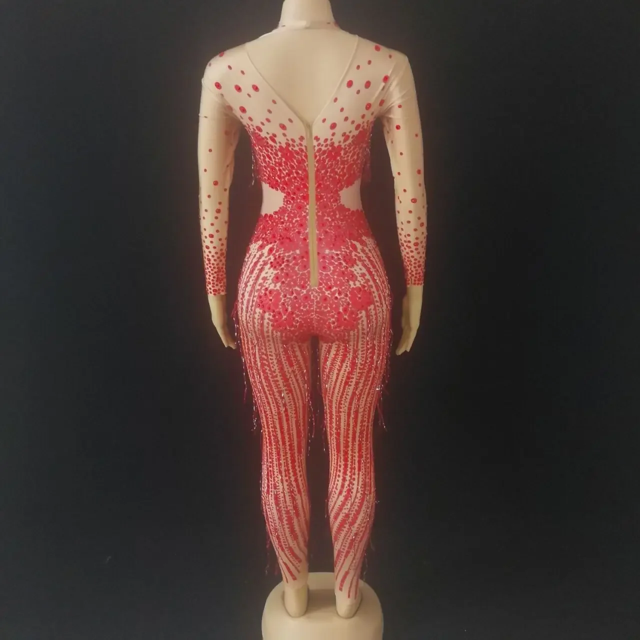 여성 섹시 레드 라인스톤 태슬 점프수트 스트레치 크리스탈 바디수트 바 파티 무대 의상 생일 축하 댄스 의상