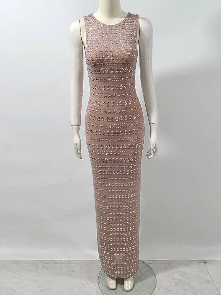 Sexy Sleeveless Mesh Sparkly Diamonds Long Dress Women O Neck Rhinestone Bodycon Dresses Evening Party Celebrity Gowns