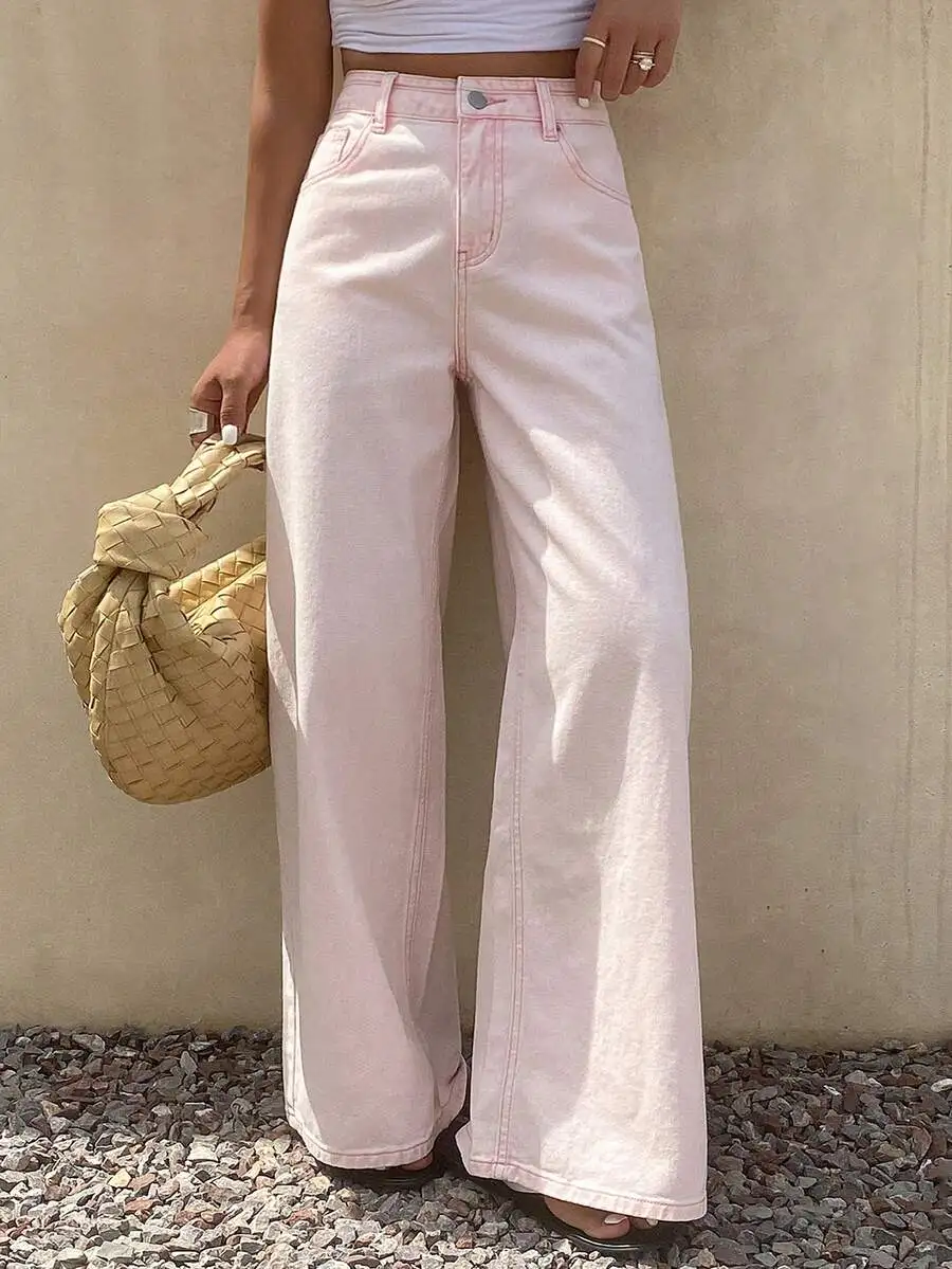 

Розовые широкие джинсы с высокой талией для женщин, свободные повседневные джинсовые брюки в летнем стиле