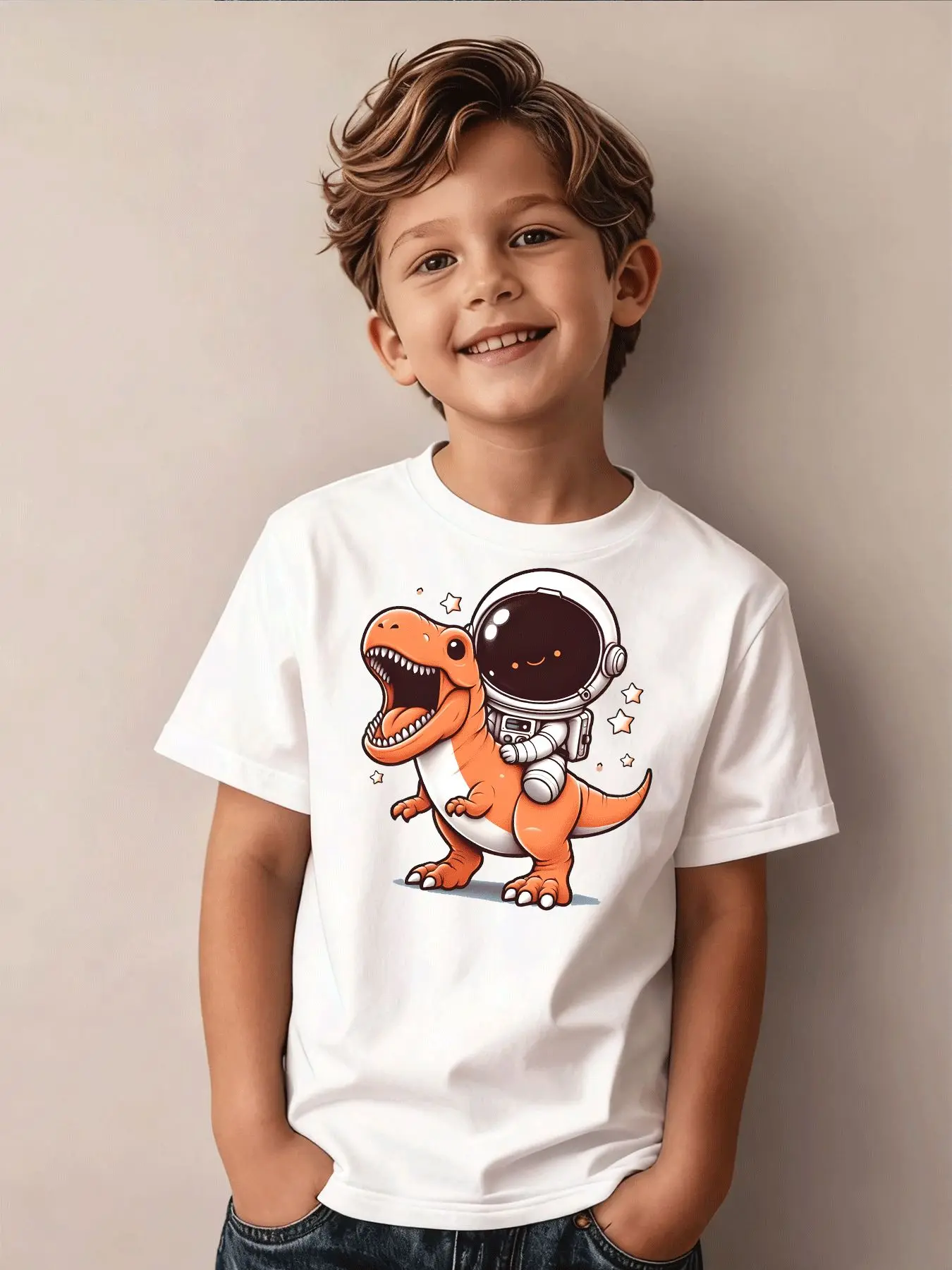 Astronaut Dinosaur  Printed Children's Personalized T-shirt Round Neck Short Sleeve Daily Street Short Sleeve Parent Child Top