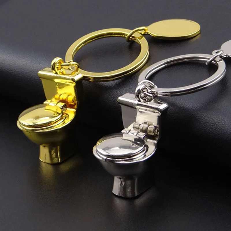 Novelty Trinket Mini Cute Toilet Keychain Silver Color Friend Funny Gift Key Ring Cool Unique Water Closet