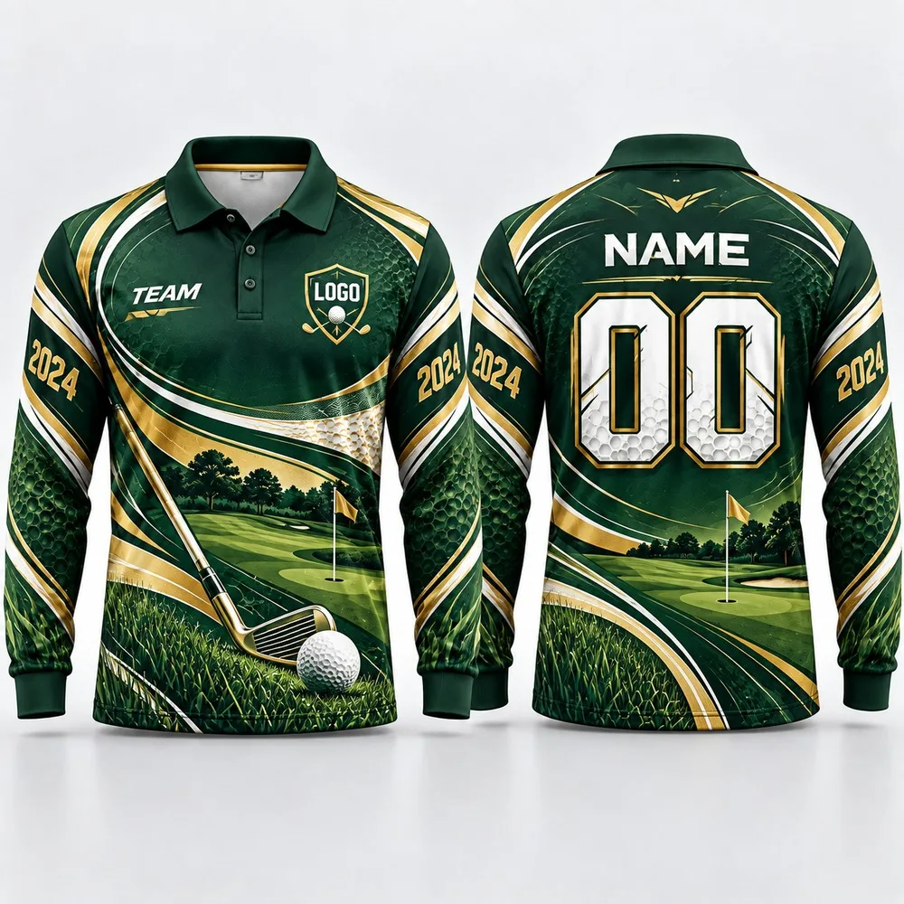 DIY Custom Golf Club Long Sleeve Polo Shirt for Men Name Number Logo Print Polyester Personalized Team Uniform Casual Outfit