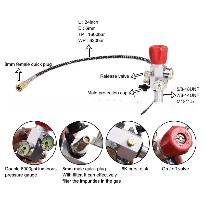 M18 * 1.5, 5/8-18 unf double table double display pressure fire diving gas cylinder head with 8mm quick connector