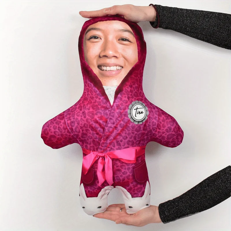 1Personalized mini plush doll with customized facial photo printing, pink pajamas paired with leopard print and ribbon bow, soft