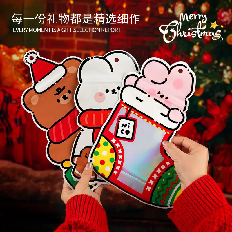 10 szt. Świąteczne skarpetki z motywami z kreskówek, torby na prezenty, opakowania na cukierki i ciasteczka dla dzieci, samozamykające się, dekoracje świąteczne na Boże Narodzenie.