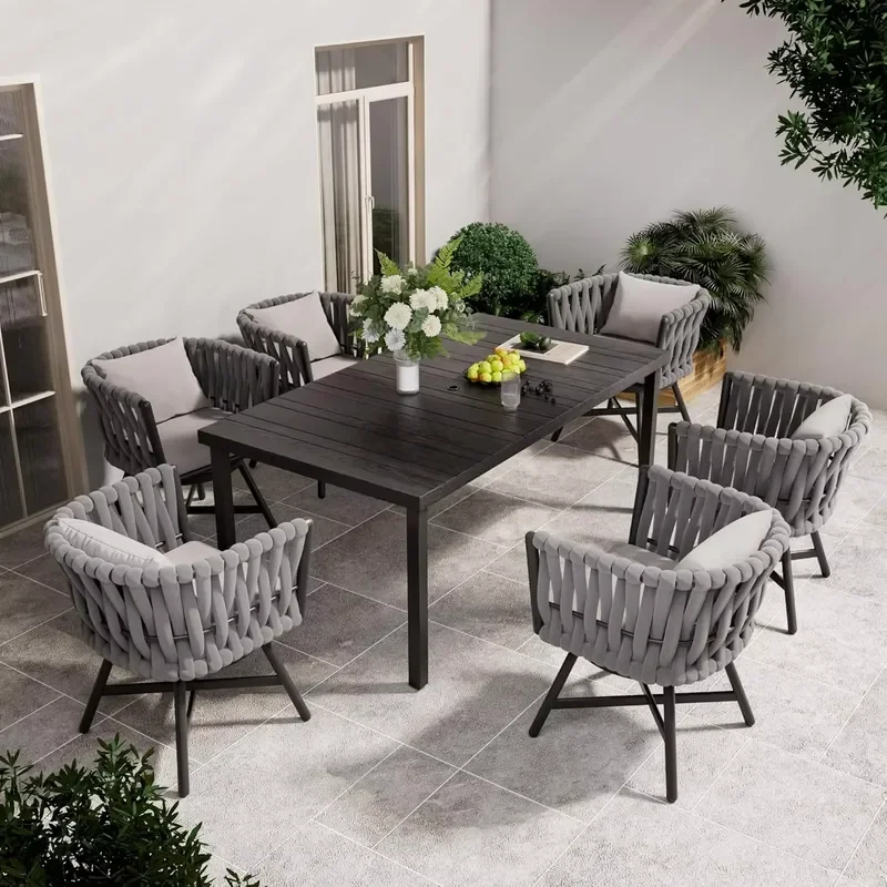 Outdoor Garden Seven Piece Dining Set Waterproof Durable Patio 360 Degree Swivel Chairs Dining Table Set