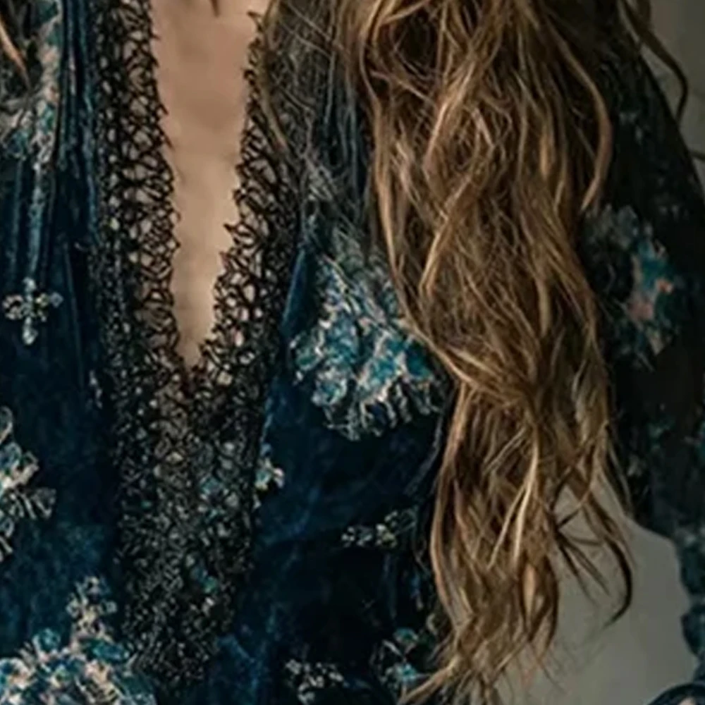 

Women's Velvet Boho Floral Printed Blouse For Women Sexy Lace V-neck Flare Sleeve Slim Fit Elegant Chic Tops Fashion Streetwear