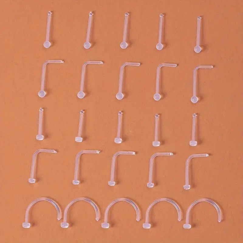 Set of 25pcs Flexible Acrylic Plastic Nose Ring Piercing Stud Earrings Clear Pin For Women Men Retainer Body Jewelry