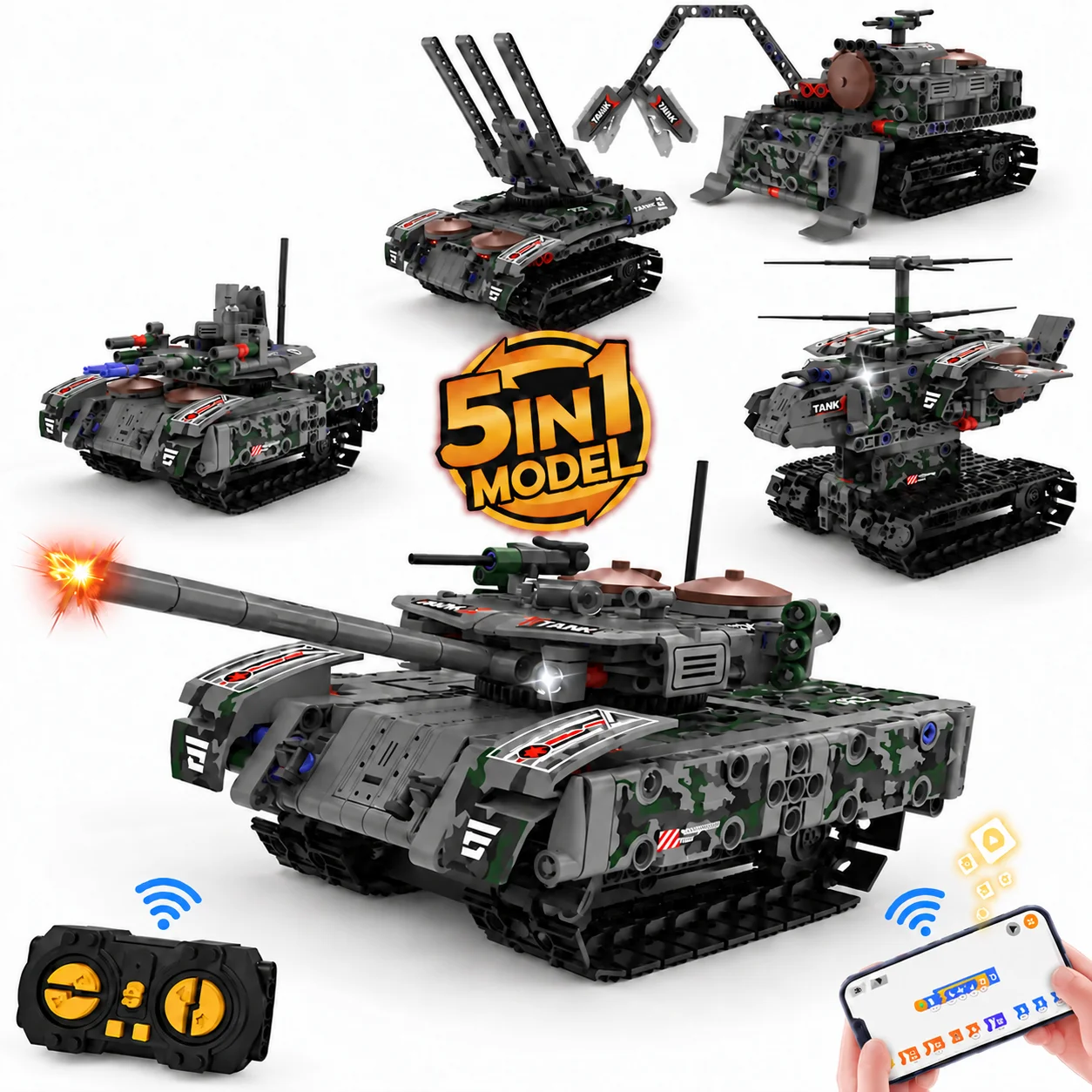 5-in-1 bouwblokken met afstandsbediening, programmeerbare tank/helikopter, educatief speelgoed, bouwstenen, cadeau voor jongens en kinderen.