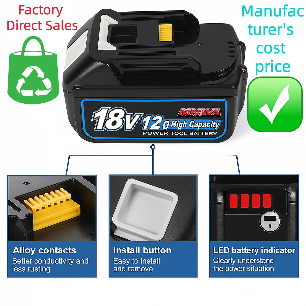 

18V 12.0Ah Li-ion Battery for Makita Cordless Tools, Compatible with BL1860B BL1850B, Fits Drill Driver Grinder DTW700 DGA404