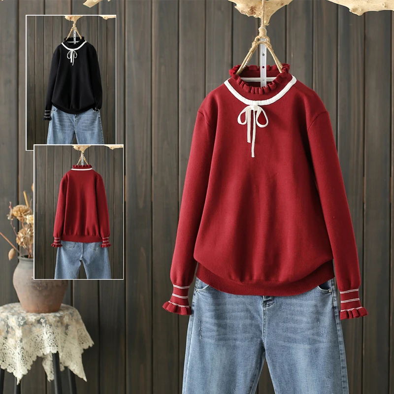 Women's Ruffles Knitted Pullovers, Loose Sweater, Monochromatic, Office Lady, Elegant Pulls, Outwear Tops, New, Solid, Red Now