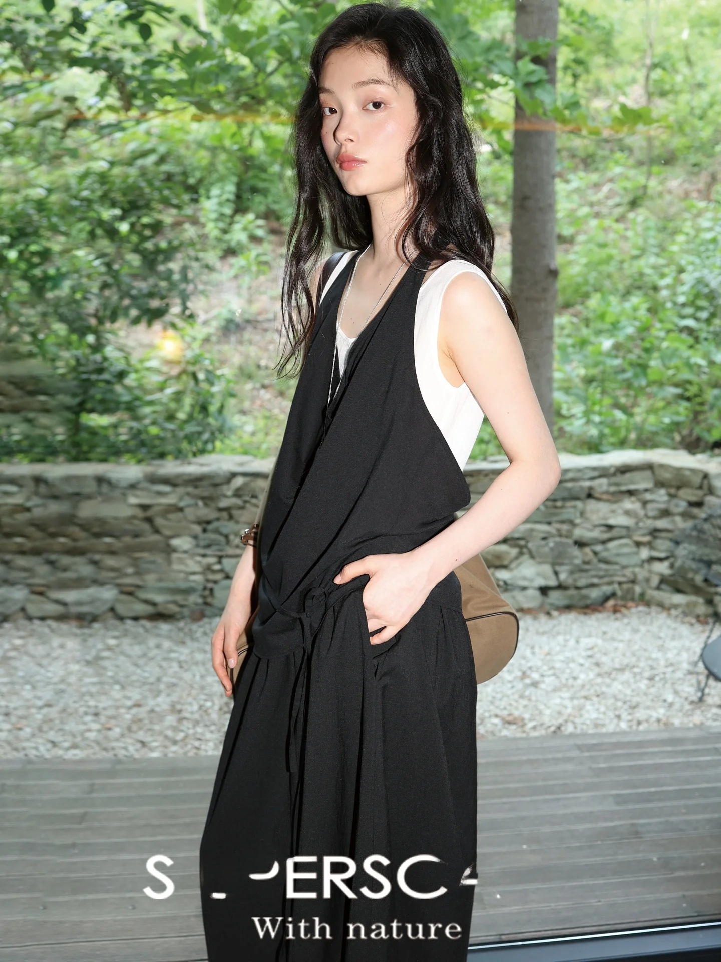 Superbace Comfortable Acetate Blend Breathable A-Line Dr Padded V-Ne Svel Ci Commute Sle Fake Two-Piece Dr