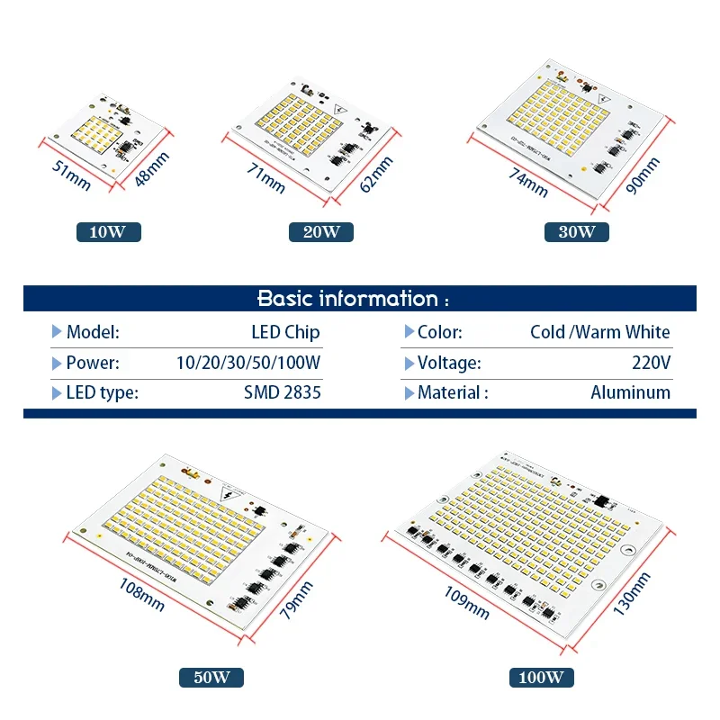 LED Chip 10W 20W 30W 50W 100W Flood Light Beads AC220V Smart IC SMD2835 Led Floodlight Lamp Chips for Outdoor Lighting Spotlight
