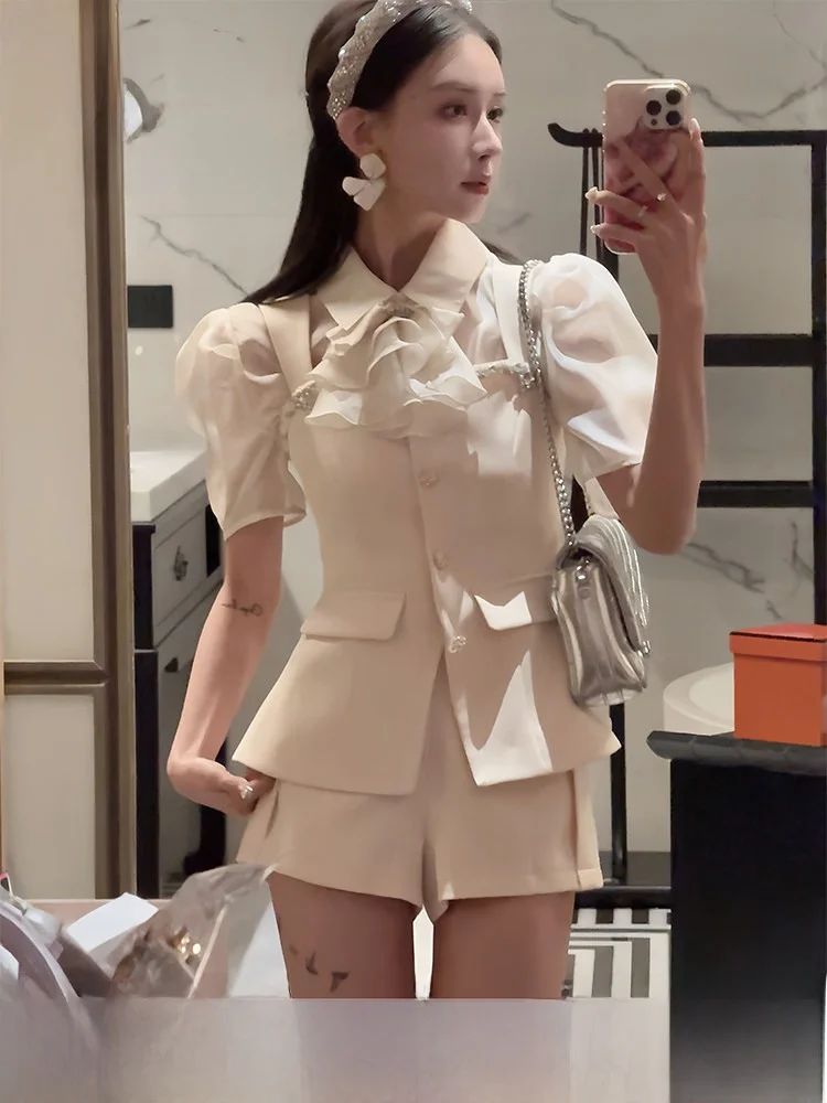 

PITAO Original Vintage Summer Short Shorts Strap Shorts Women's Fashion Set Polyester Fiber Short Sleeve Two-Piece Ensemble