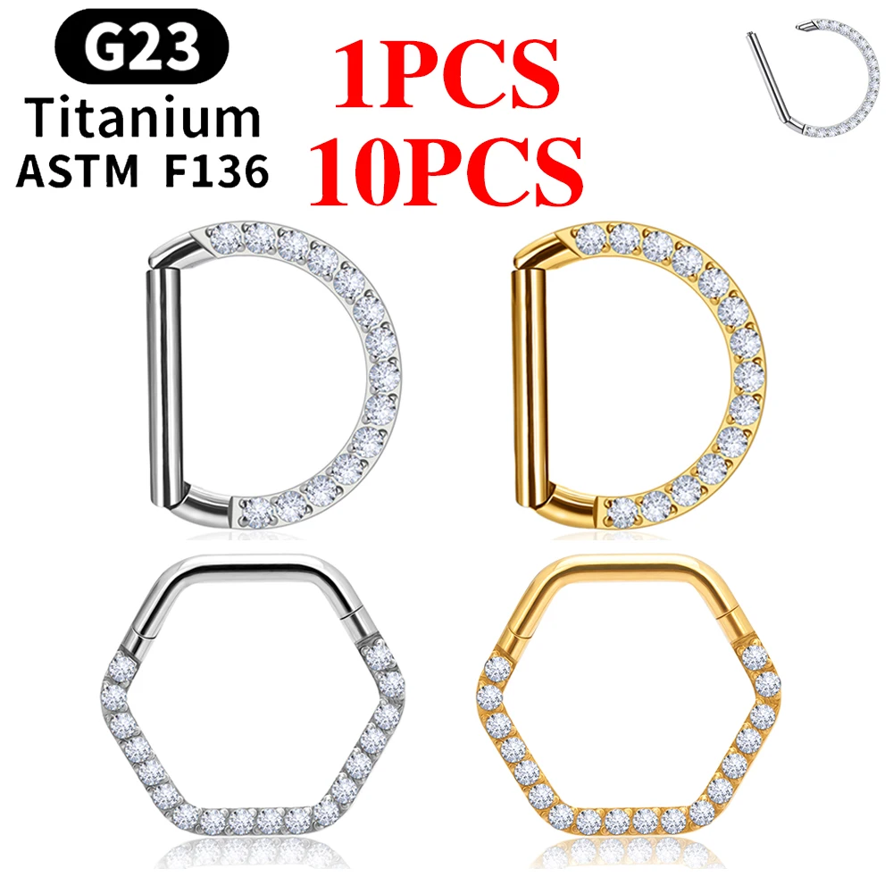 

1/10PCS G23 Titanium Piercing Septum Clicker D Shape Nose Ring 16G CZ Tragus Ear Cartilage Conch Daith Earrings Body Jewelry