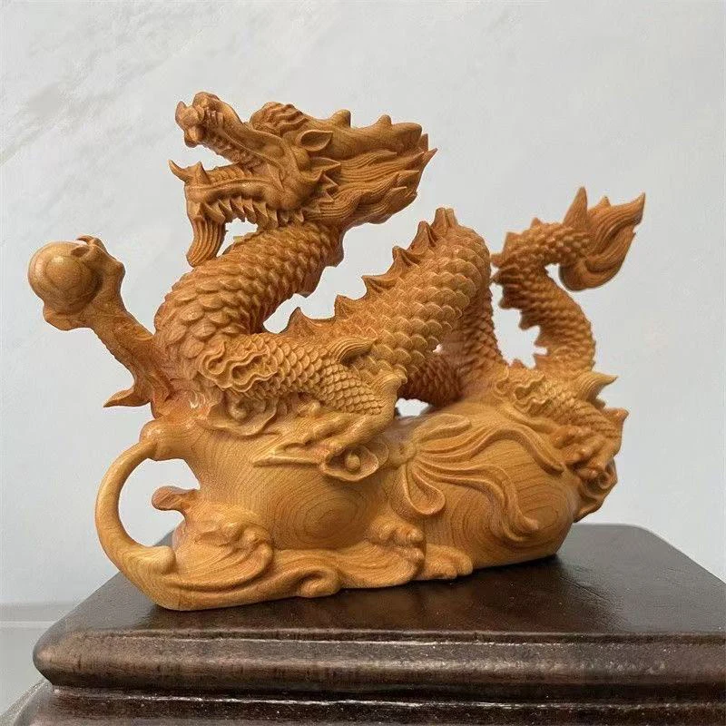 Natural Cypress Chinese Mythology Dragon Statue, Hand Carved Perfect for Home Room and Office  Wealth Luck Feng Shui Decor