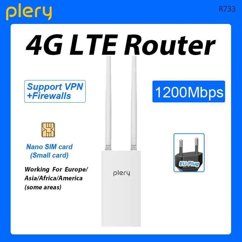PLERY 1200Mbps Outdoor WIFI 4G LTE Router 2.4G/5.8G WiFi Router Cat.6 IP66 AP 48V POE Router 5 g SIM 1000M WAN/LAN Port EU Plug