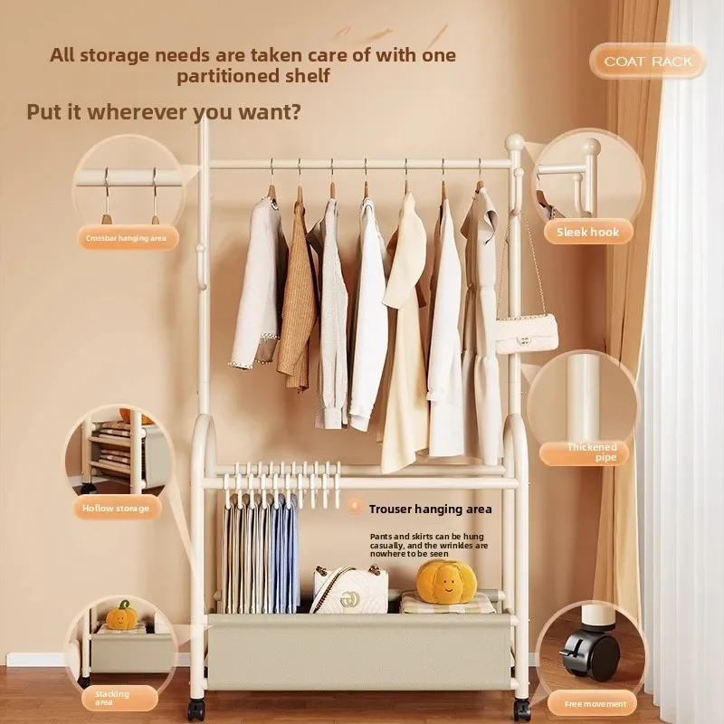 

Chinese style floor coat rack metal double-layer storage hanger with wheel mobile drying rack pants