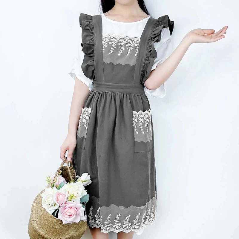 Washed Cotton Linen Lace Aprons Cooking Kitchen Aprons Flower Shop Garden Ruffles Work Clean Apron for Woman Overalls Dress