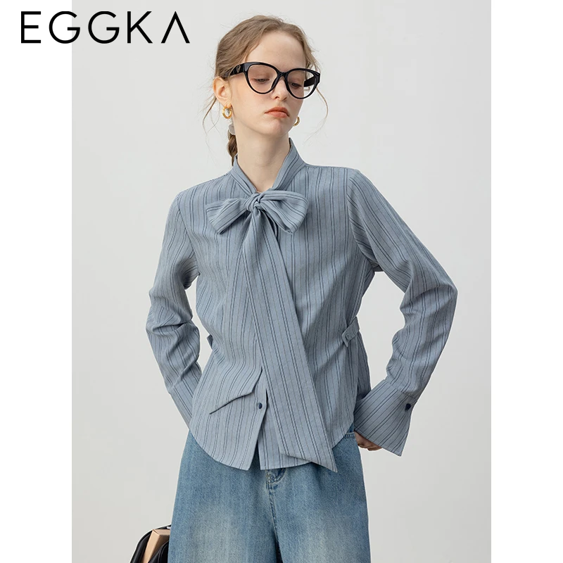 EGGKA Bow Bandage Striped Blouse Women\'s Autumn Casual Shirts Commuter Long-sleeve Shirt Korean Fashion OL Blue Blouse Camisas