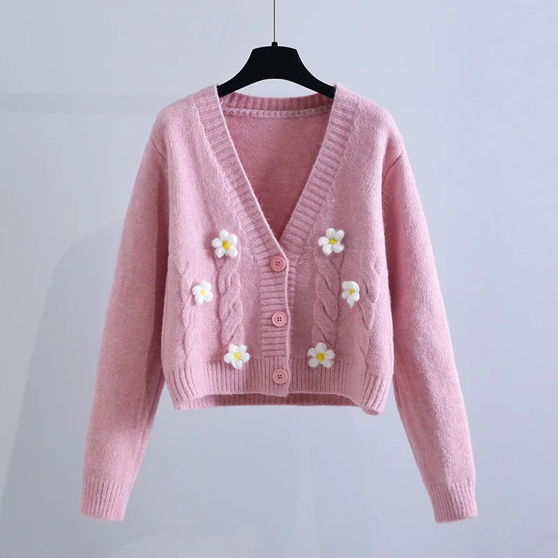 

Autumn Long Sleeve Wool Cardigan Sweater Coat Women 2023 Winter Loose Flowers Knitted Cardigans Korean Sweet Crop Knitwear 28392